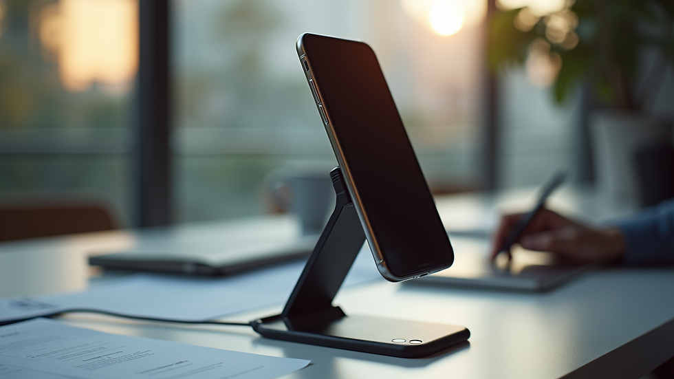 Vue rapprochée d'un support de téléphone imprimé en 3D sur un bureau