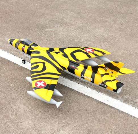 Thumbnail: Dynam Hawker Hunter 4S 70mm 12-Blade EDF RC Jet w/ Flaps angled front view from runway