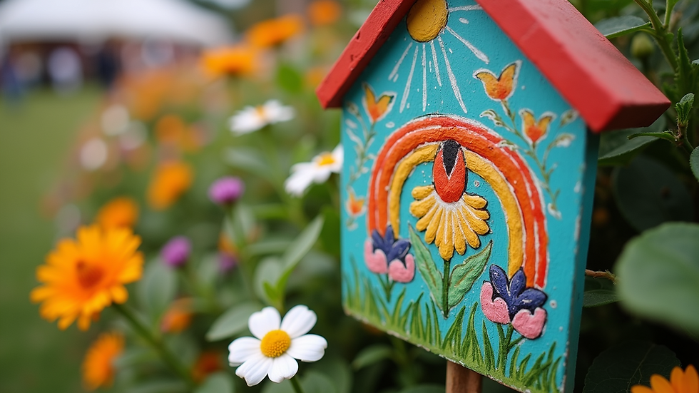 Eye-level view of a hand-painted garden decoration displayed at the festival