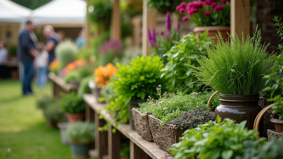 Wide angle view of vibrant herb and plant displays at the festival