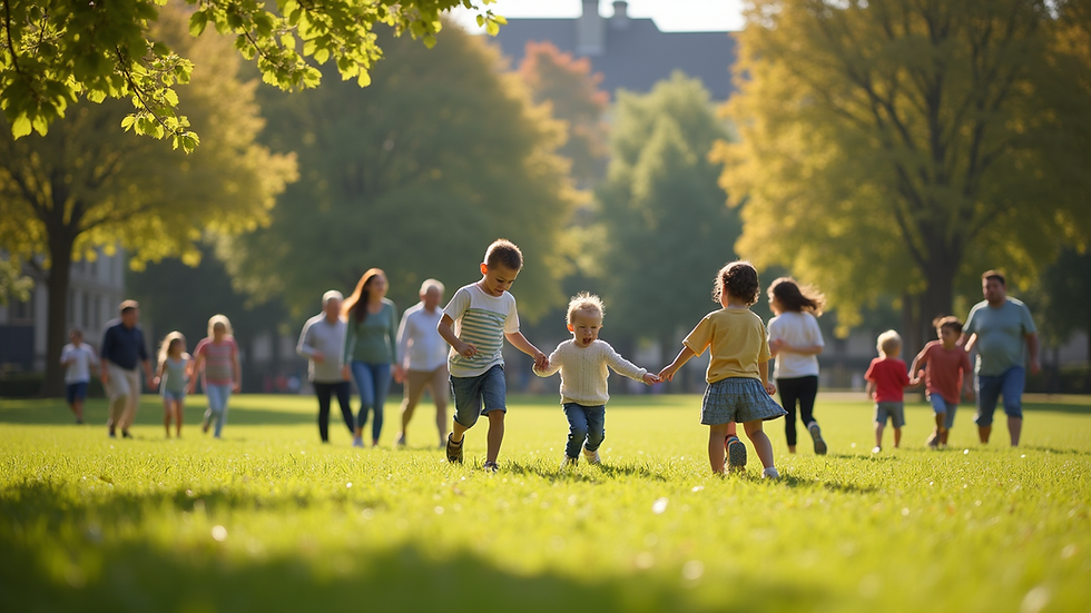 Eye-level view of a community park with families enjoying the outdoors