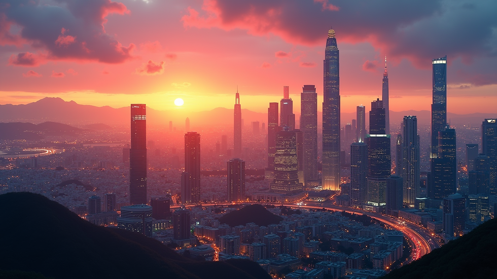 Wide angle view of a vibrant city skyline at sunset