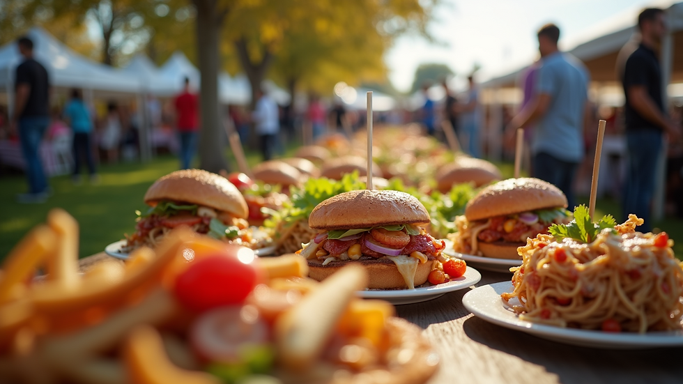 Wide angle view of a community event with people enjoying local food and activities