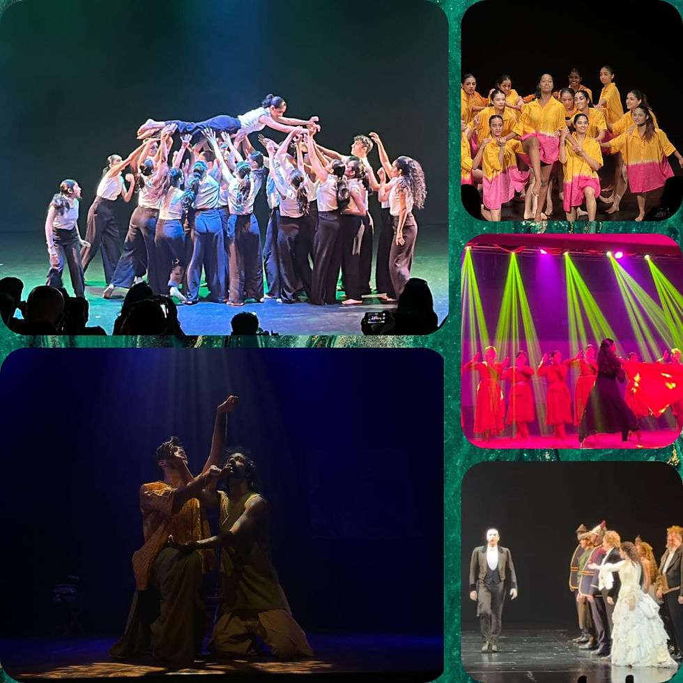 Column 1 (Top to bottom): A picture from "Otto" choreographed by Neeraj Lohani, performed at the ICMD Showcase "Beyond Boundaries", a picture from "Samaaj" performed by Jainil Mehta, and Shubham Mahawar. Column 2 (Top to bottom): A picture from "Ekaant" choreographed by Jainil Mehta performed at the ICMD Showcase "Beyond Boundaries", A picture from the JNIS dance at Quintessence 2025, a picture from the "Phantom of the Opera" performed at NMACC