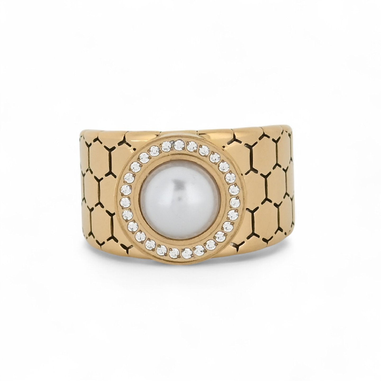 Anel de aço dourado com pérola e zircônias