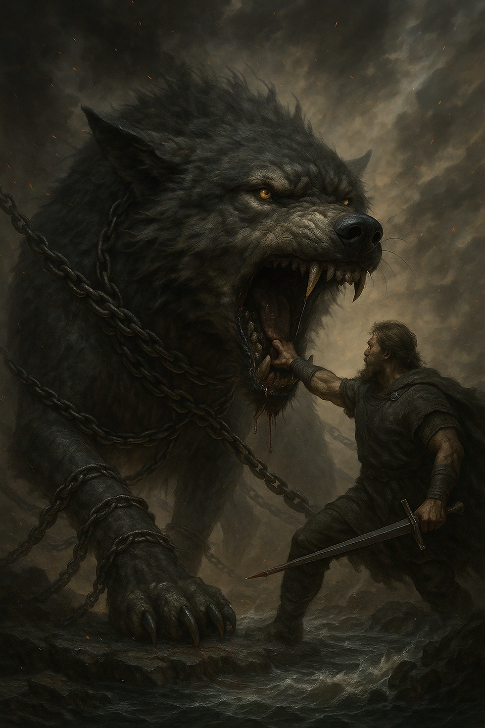 Fenrir , Enchainé, le dieu Tyr mettant la main dans sa gueule