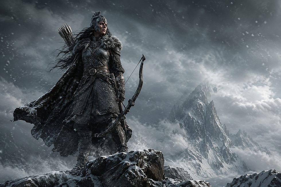 Illustration style dark fantasy d'une guerrière nordique en armure au sommet d'une montagne enneigée sous un ciel d'orage.
