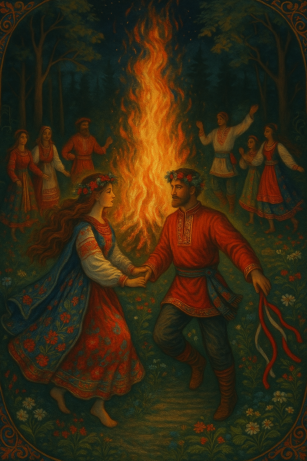un couple dansant devant un feu 
