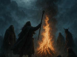 Paysage celtique brumeux éclairé par un feu sous la pleine lune.