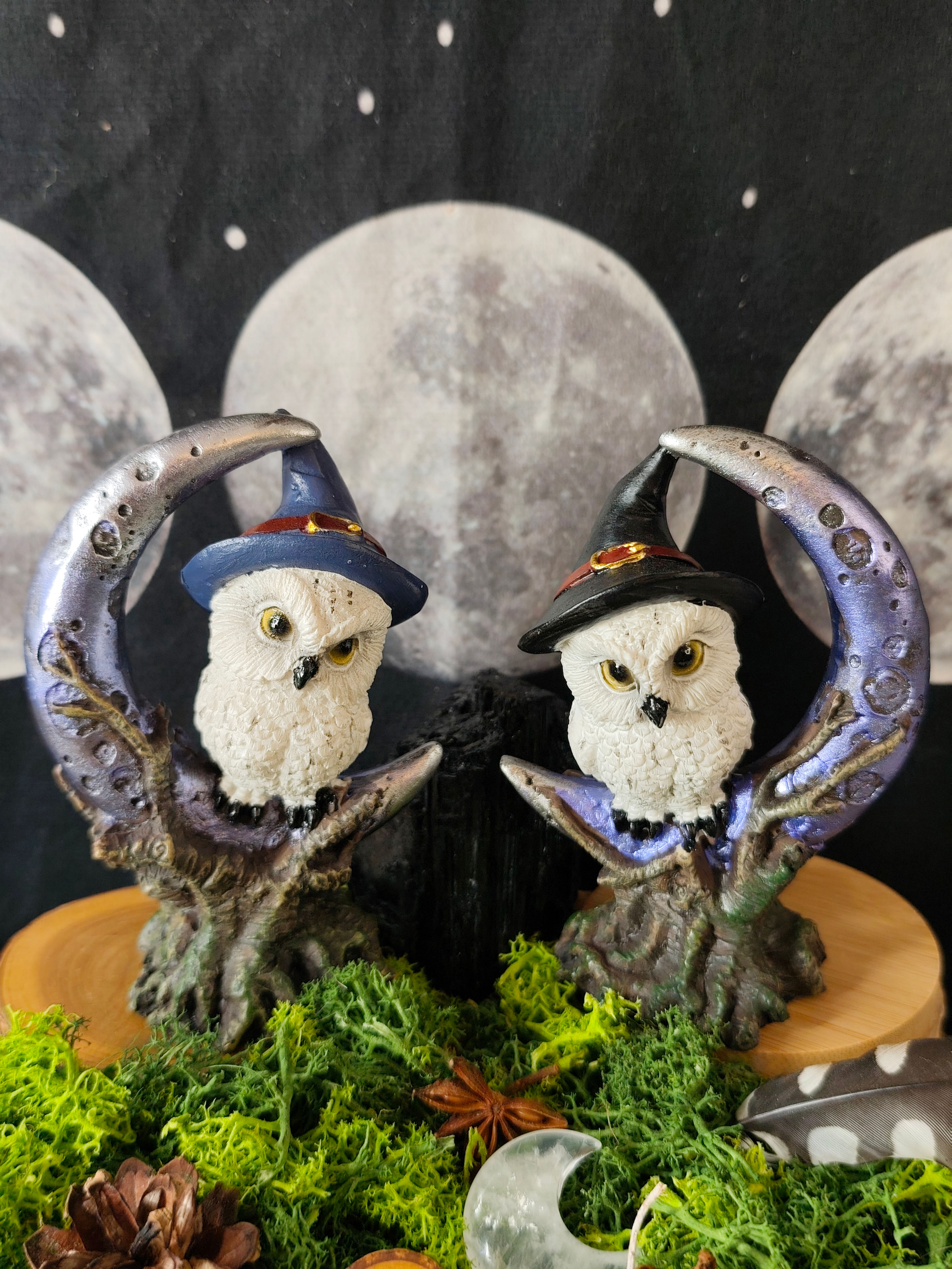 Duo " Chouettes et lunes " en résine