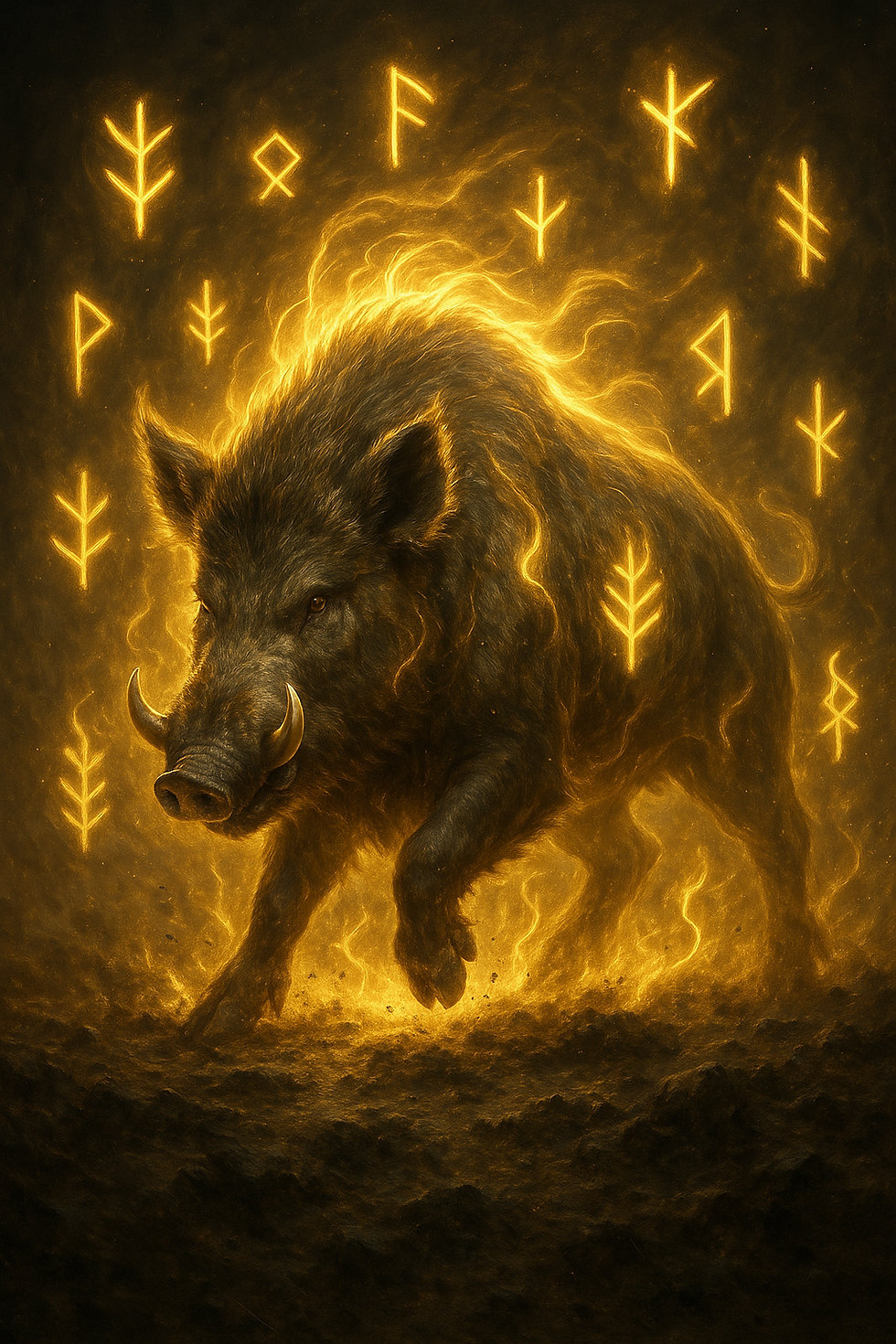 un sanglier , entouré d'une aura dorée et de runes dorées