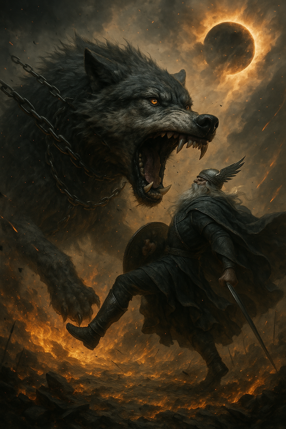 Fenrir affrontant Odin lors du Ragnarok