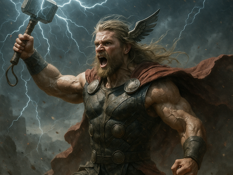 Thor, tenant Mjolnir, des eclairs en fond