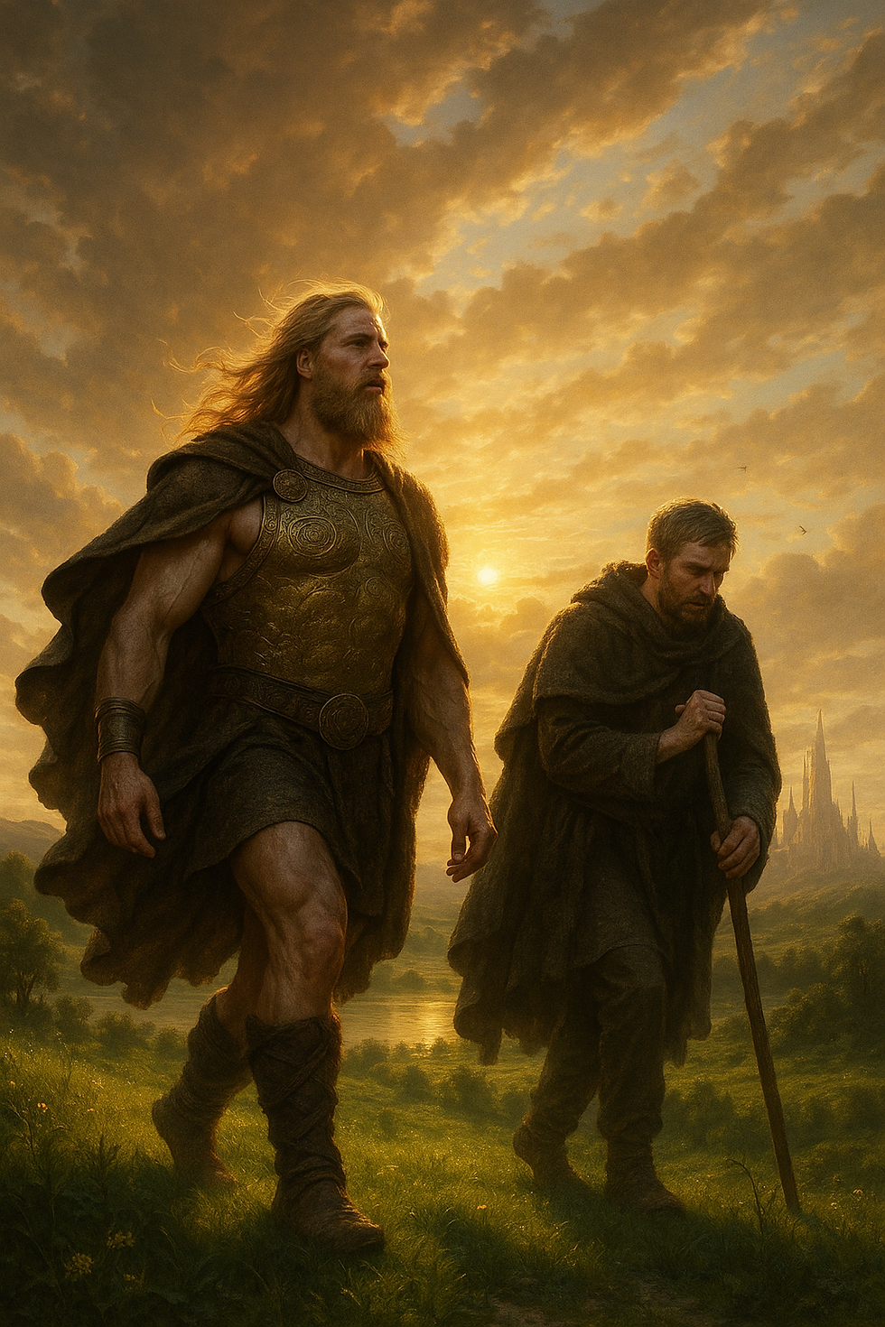 Baldr et Hodr, marchant sur une plaine, a l aube