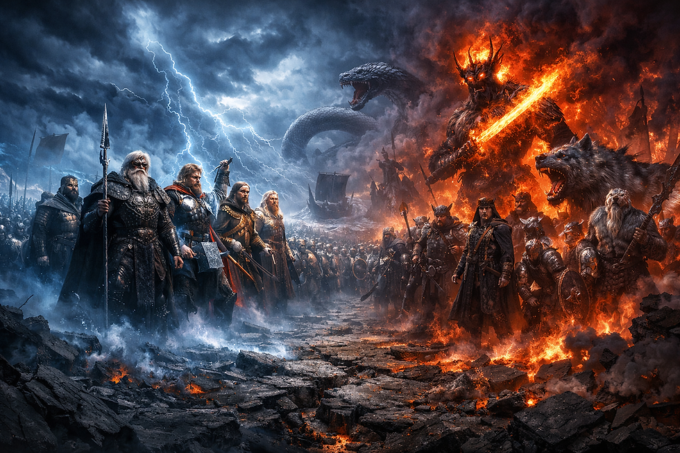 Illustration épique du Ragnarök sur la plaine de Vígríd montrant Odin, Thor et les dieux nordiques avec les Einherjars faisant face à Loki, Surt, Fenrir, Jörmungandr, les géants Jötnar et le navire Naglfar dans la bataille finale de la mythologie nordique.