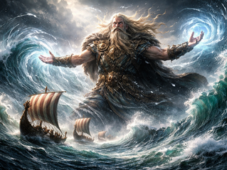 Illustration du dieu nordique Njörd debout face à la mer agitée avec des drakkars derrière lui.