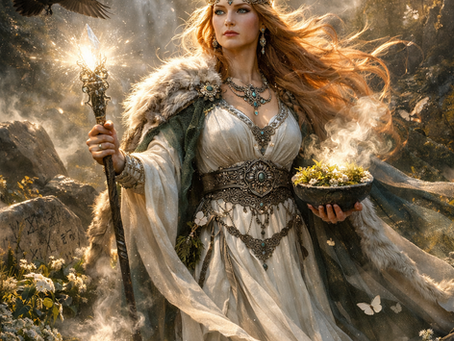 « Eir, déesse nordique de la guérison, entourée de plantes sacrées dans une atmosphère lumineuse et apaisante. »