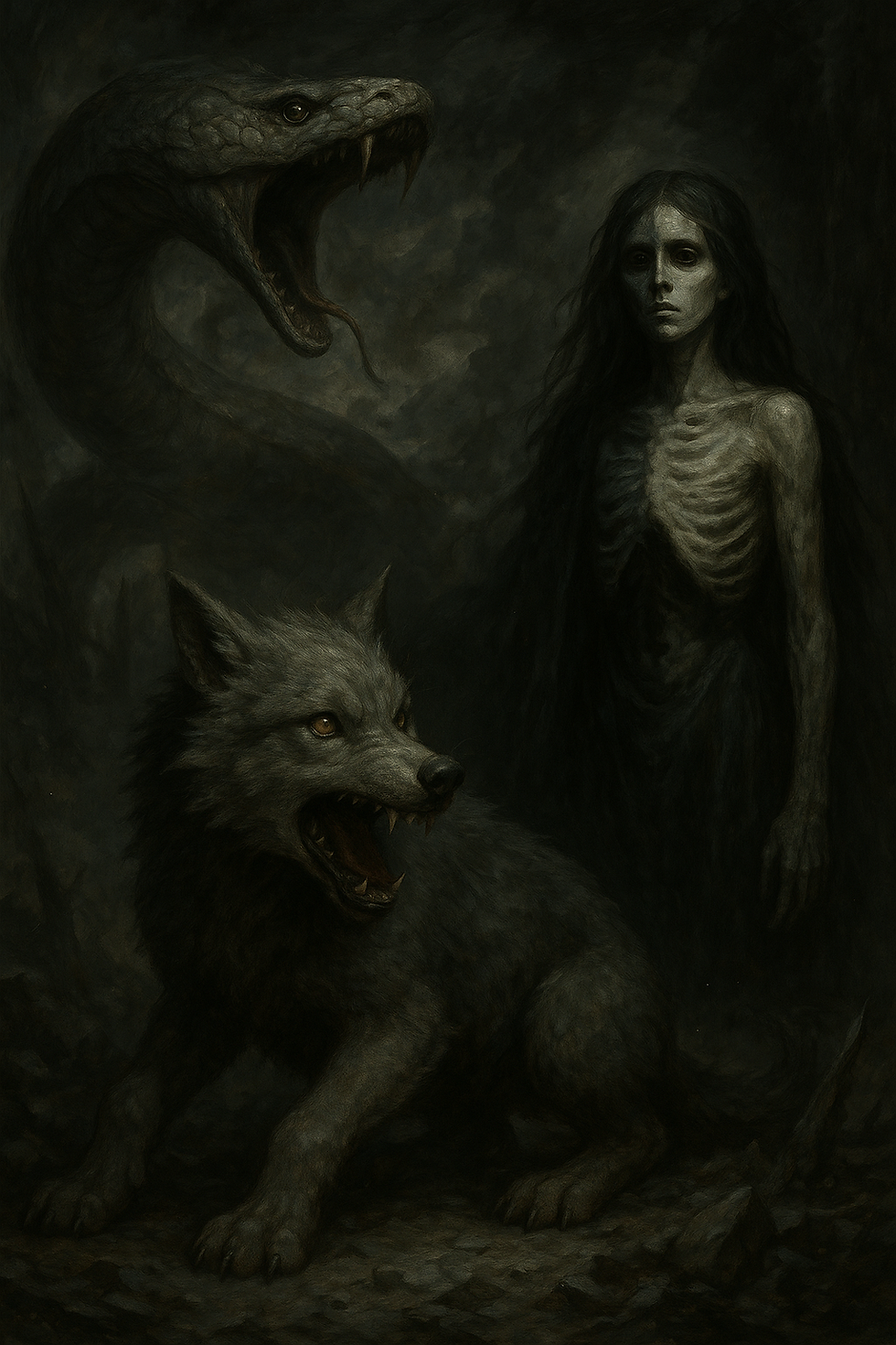 Fenrir, jeune loups, avec Jormungandr et Hel ses frere et soeur