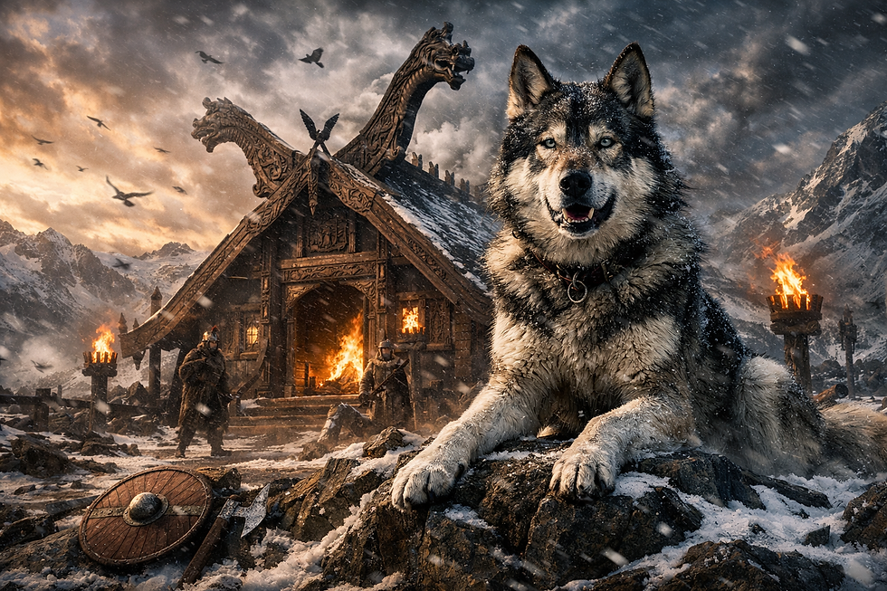 Chien viking gardant une maison symbole de protection domestique