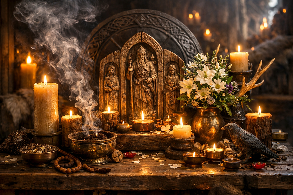 Autel simple avec bougie et fleurs pour rituel de beltane