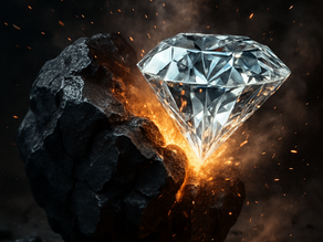 Illustration symbolique d’un charbon se transformant en diamant, représentant la pureté cachée et la puissance de transformation spirituelle du charbon.