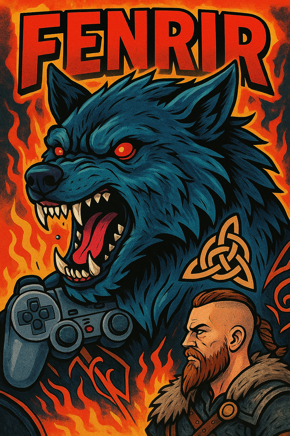 Illustration moderne de fenrir , un guerrier viking, une manette de jeu entourés de feu , style dessin animé