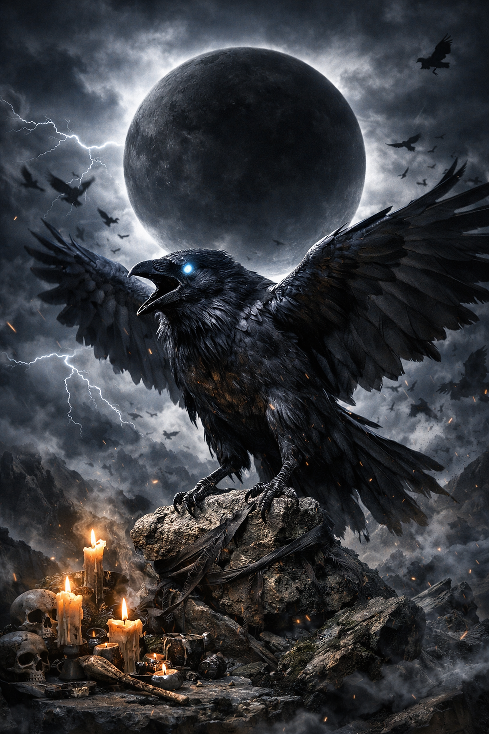 Corbeau ésotérique sous la lune noire animal de pouvoir en sorcellerie nordique