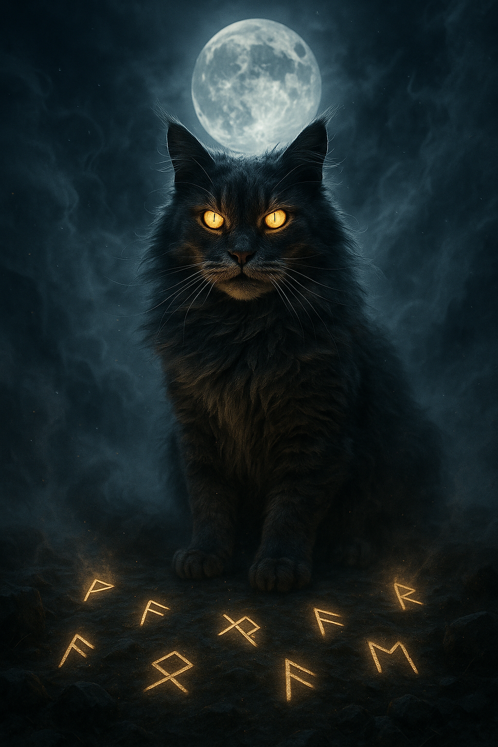 Chat nordique sous la lune, entouré de runes lumineuses, symbole de mystère et de magie.