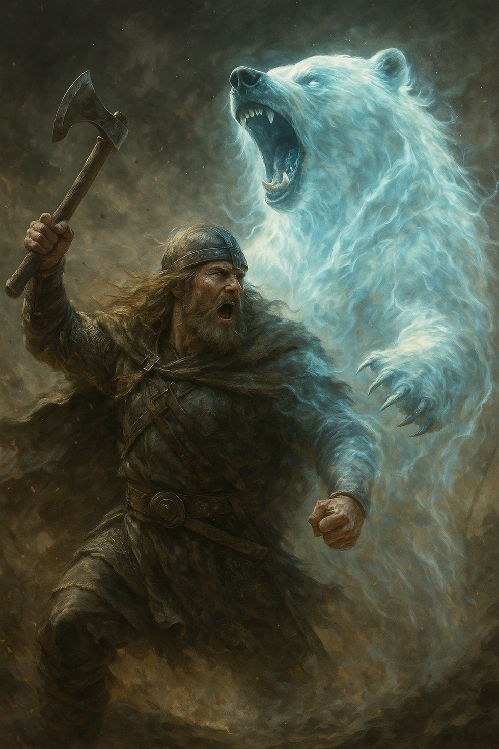 un guerrier vikingau combat. de lui sors un ours spectral