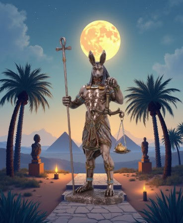 Statuette en résine finition bronze représentant Anubis, dieu égyptien des morts, tenant le bâton Ankh et la balance