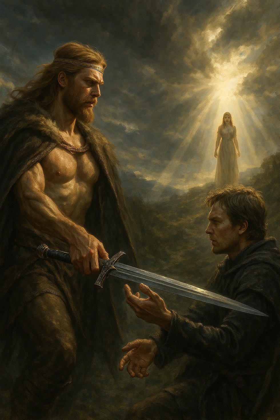 Freyr, donnant son epée magique a skinir; Gerd en fond sous un halo de lumière observe la scène