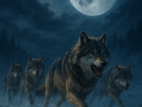 Meute de loups courant à travers la neige sous la lune nordique.