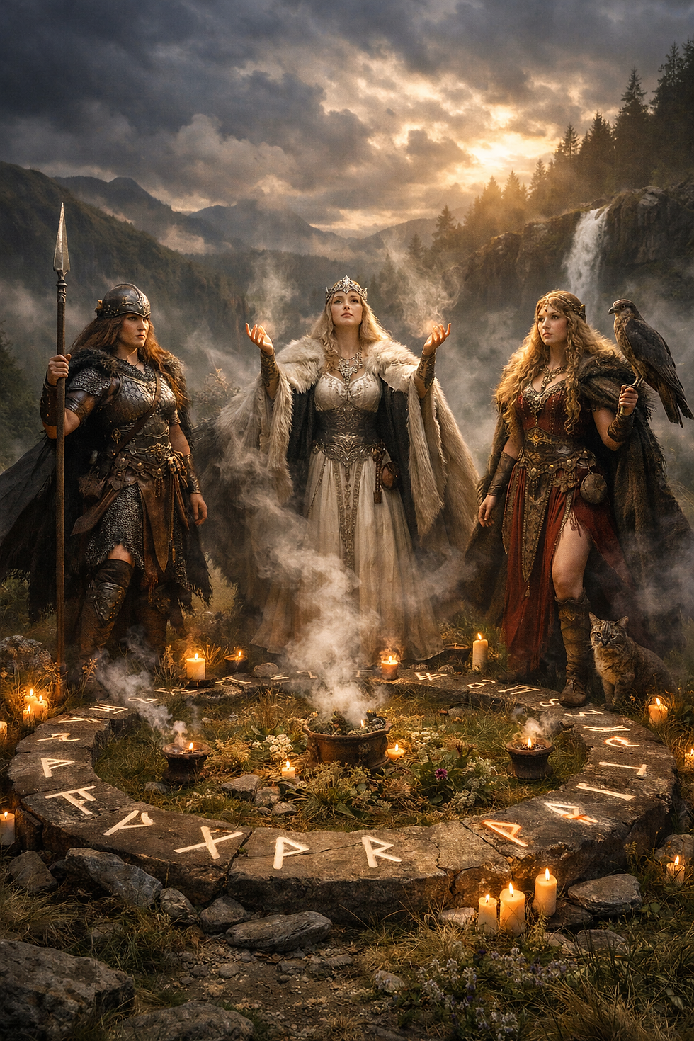 “Eir avec Frigg et Freyja, cercle sacré, herbes et runes”