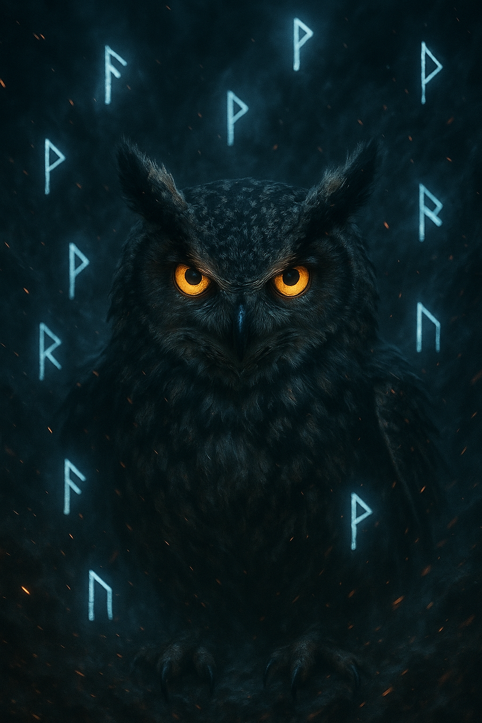 Chouette mystique avec des runes brillantes dans l’obscurité.