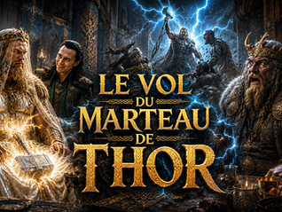 scene mythologique representant Thor, Loki et un Geant dans le mythe nordique du vol de Mjolnir