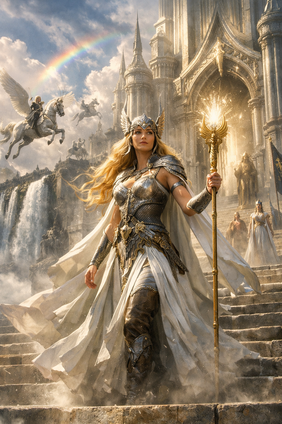 « Eir parmi les déesses d’Ásgarðr, représentant ses origines mystérieuses dans la mythologie nordique. »