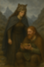 Peinture de style scandinave avec Skadi regardant Loki avec colère