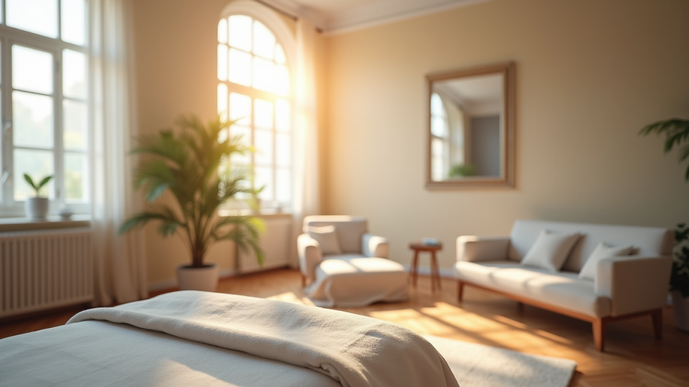 Eye-level view of a serene therapy room with soft lighting and comfortable seating