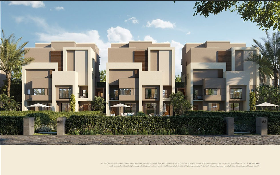 Elect-Taj-City-new-cairo-mnhd-Image of a townhouse in Elect Taj City, a mixed-use development in New Cairo, Egypt. The townhouse is surrounded by lush greenery and has a private garden. The townhouse has a modern design with a white exterior and black accents. The townhouse has a large living room with a fireplace, a dining room, a kitchen, and three bedrooms. The bedrooms have en-suite bathrooms and walk-in closets. The townhouse also has a private garage. The overall impression of the townhouse is one of luxury and comfort.

