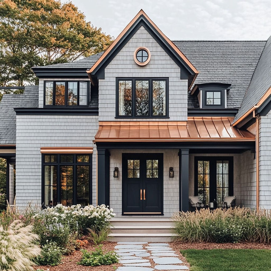 A-modern-house-features-light-gray-cedar-shakes-with-dark-stained-wood-accents-around-the-
