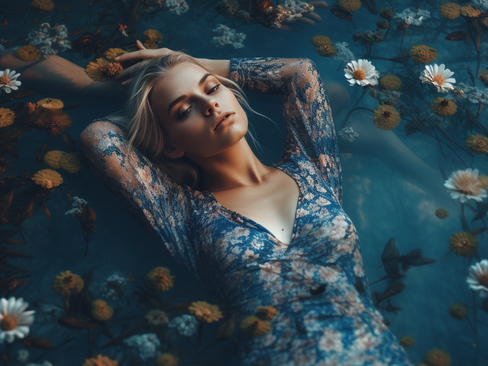 AI generated image of a beautiful blonde woman lying on her back in a shallow pool of water, surrounded by floating flowers, wearing a blue lace dress. Slight distortions in the photo related to ai generation.
