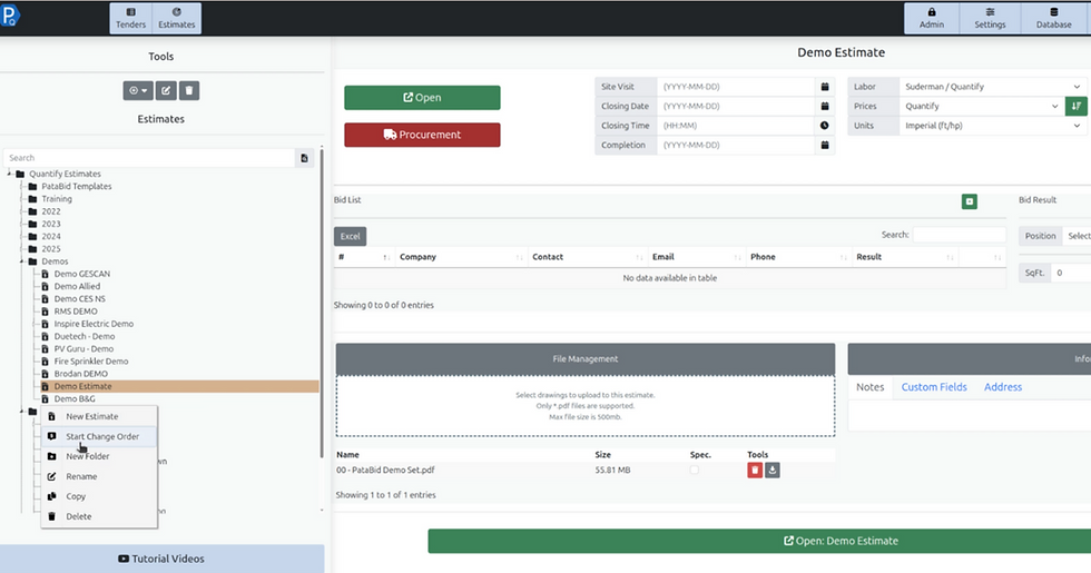 A screen showing PataBid Quantify and how to bid electrical jobs in the software.