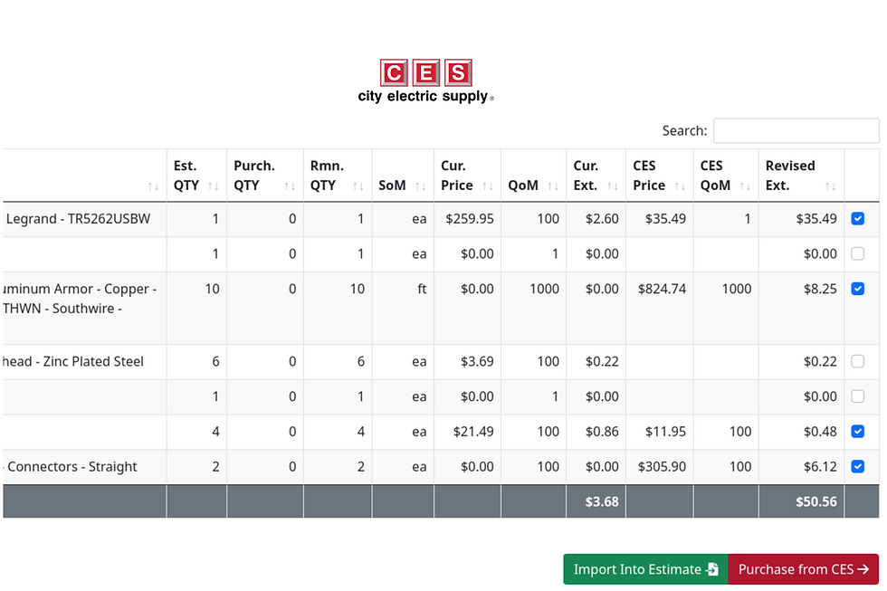 Screen showing Quantify and CES integration to bid electrical work with ease and accuracy