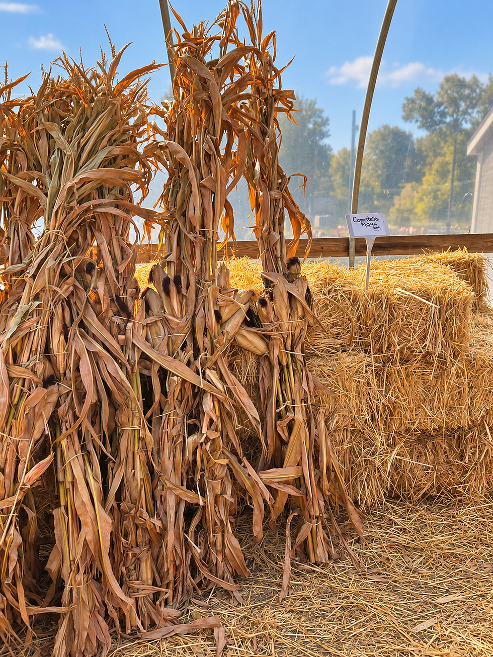 Bundles of dried cornstalks stacked in front of hay bales