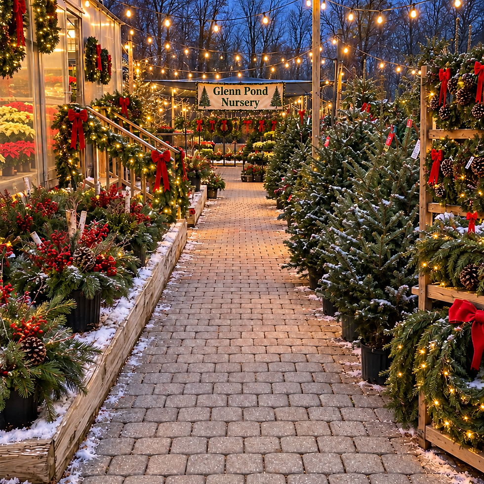 Outdoor nursery with Christmas trees and wreaths at dusk.