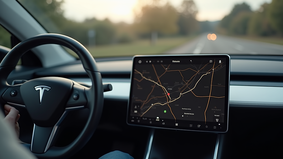 Close-up view of a Tesla dashboard showing navigation and energy consumption