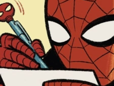 Comic Spider-Man writing on a piece of paper.