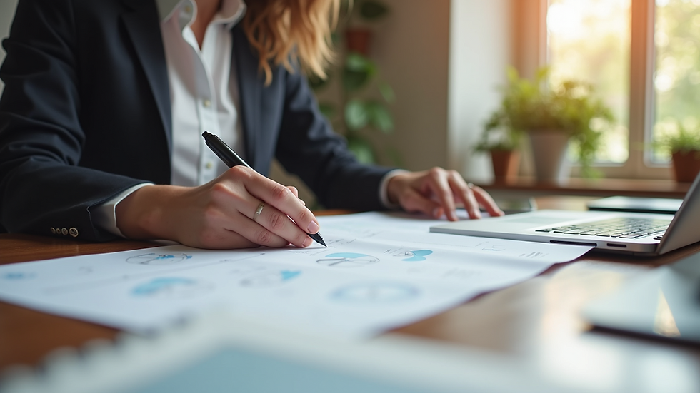 Eye-level view of a wedding planner reviewing documents at a desk