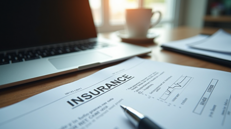 Close-up view of insurance documents and a laptop on a desk