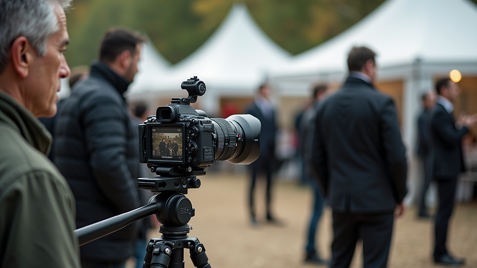 Eye-level view of a professional camera on a tripod at an outdoor event